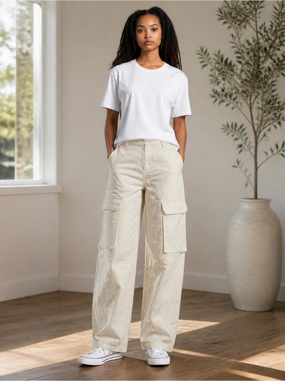 Line & Dot Cream Jacquard Cargo Pants